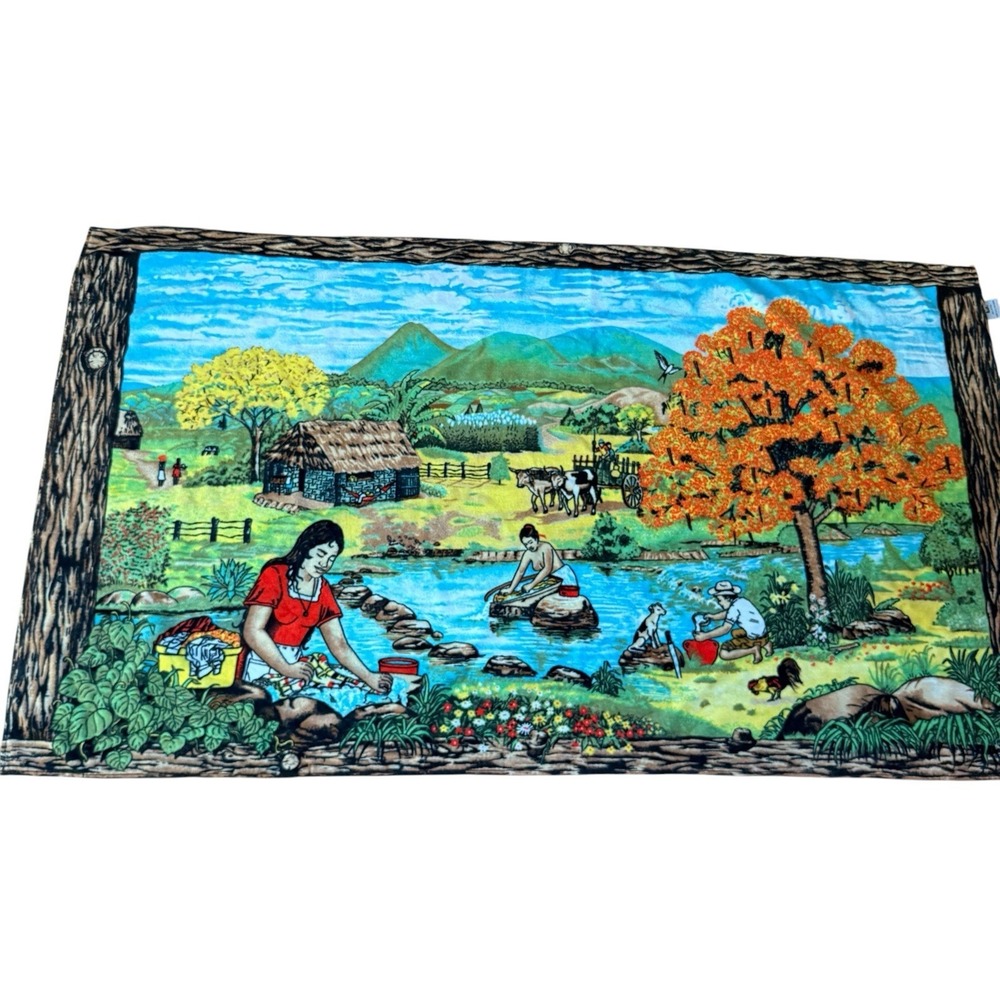 Vintage 1970s Hilasal Beach Towel Folk Art Village River Scene Landscape Bath